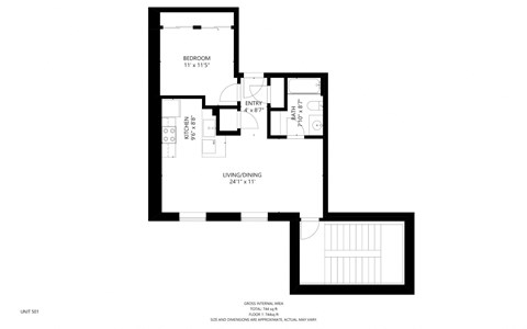 Floor plan for 1 bed, 1 bath, 635 sqft